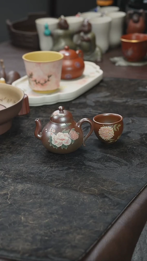 九隐茶器观羽柴烧花绘紫砂壶