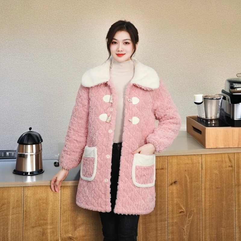 加绒加厚保暖棉服罩衣省服冬季外套中长款翻领时尚女士居家外穿
