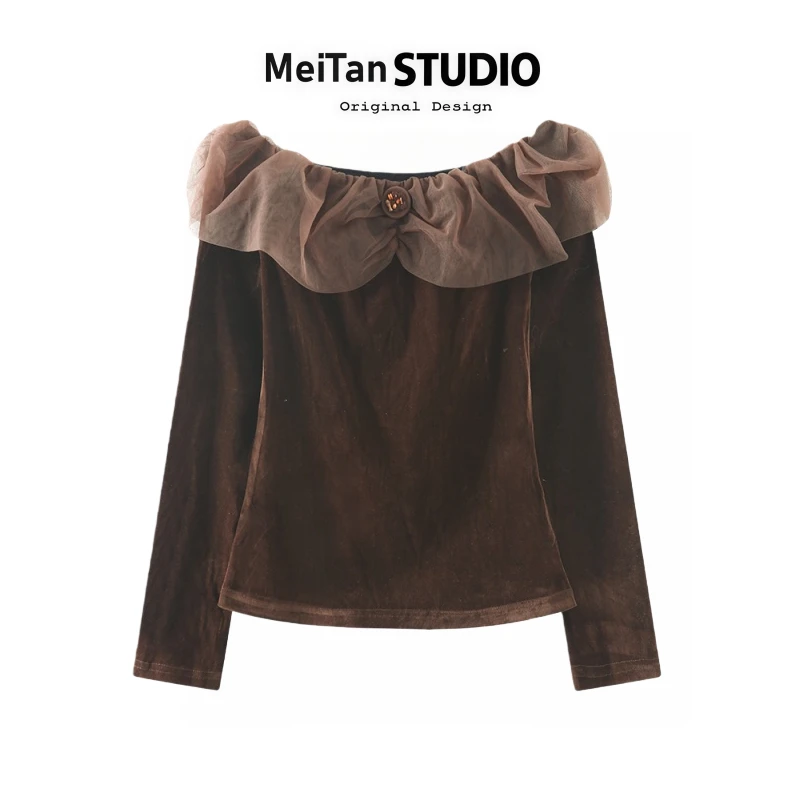 固质法式风2025秋季新款时尚一字肩拼接网纱丝绒长袖打底衫女上衣