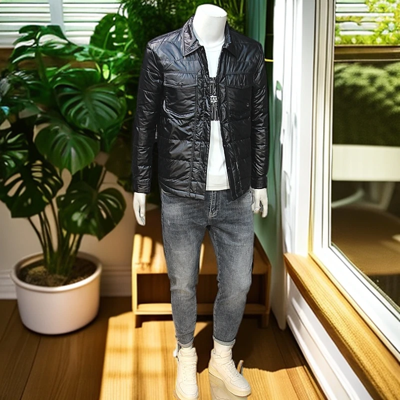 娜罗普西男士衬衣羽绒夹克时尚修身翻领轻薄羽绒外套保暖羽绒服潮