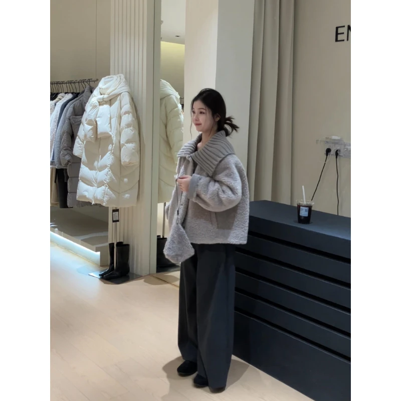 MARIE.COCO法式高级感复古创意设计针织大翻领羊羔毛外套宽松慵懒