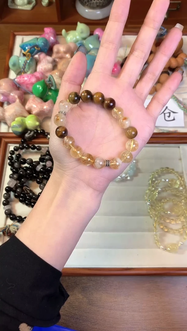 【闪购商品】黑曜岩手链合金黄虎眼塔晶单圈