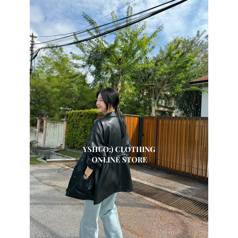 YSHUO【都市小飒】春季时尚都市风腰间抽绳皮质外套3680