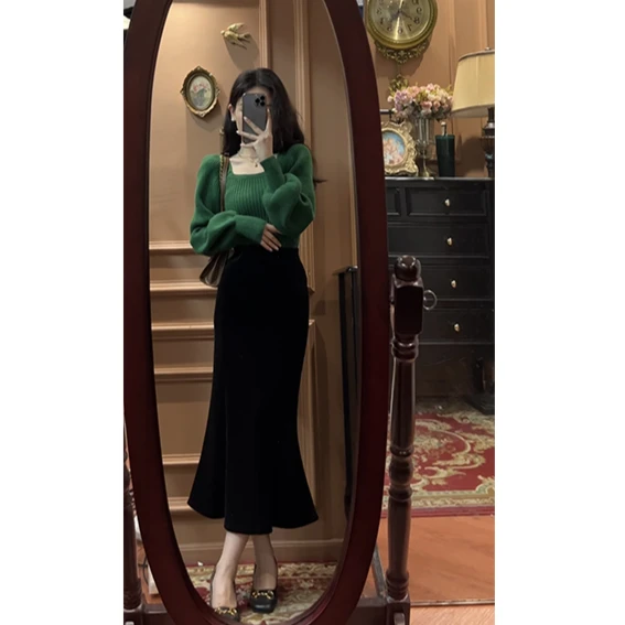 秋冬款灯笼袖方领针织衫可一字领长袖针织上衣+鱼尾裙套装