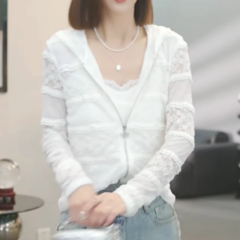 2025春季新款时尚气质显瘦百搭连帽蕾丝衫LK2501571