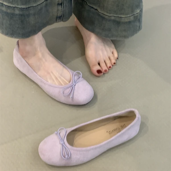 MSD-17-22温柔仙女芭蕾单鞋法式气质绒面蝴蝶结圆头浅口晚风瓢鞋
