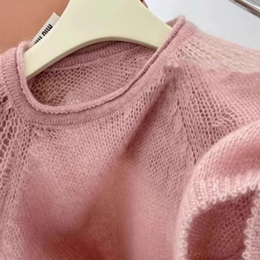 2025年春新款穿搭韩系女版短袖针织毛衣上衣时尚百搭打底夏季镂空