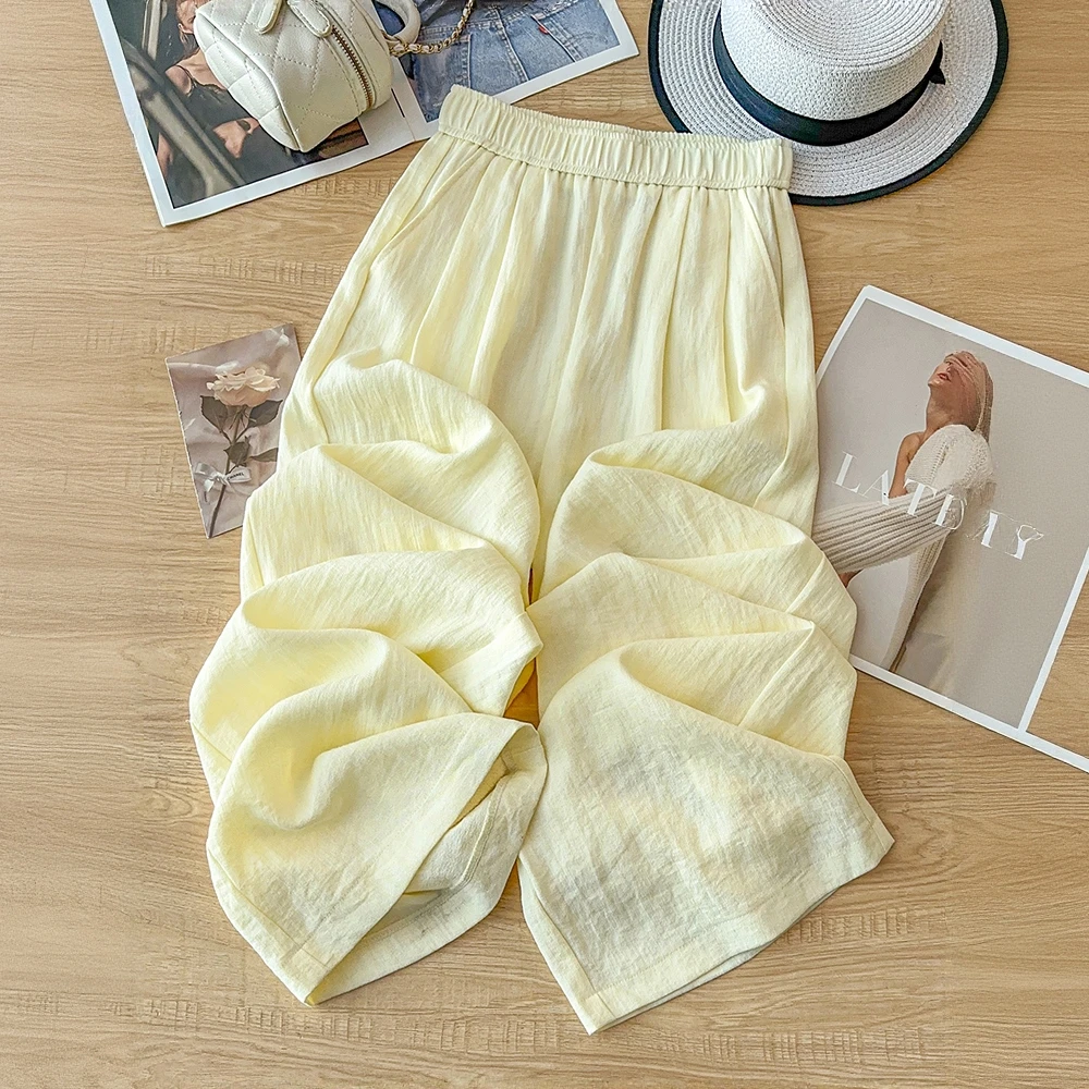 黄色亚麻阔腿裤女夏季薄款2025新款麻料宽松拖地裤棉麻直筒裤