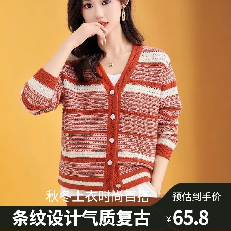 秋冬北极绒长袖针织衫毛衣女装上衣时尚宽松条纹秋冬气质百搭复古