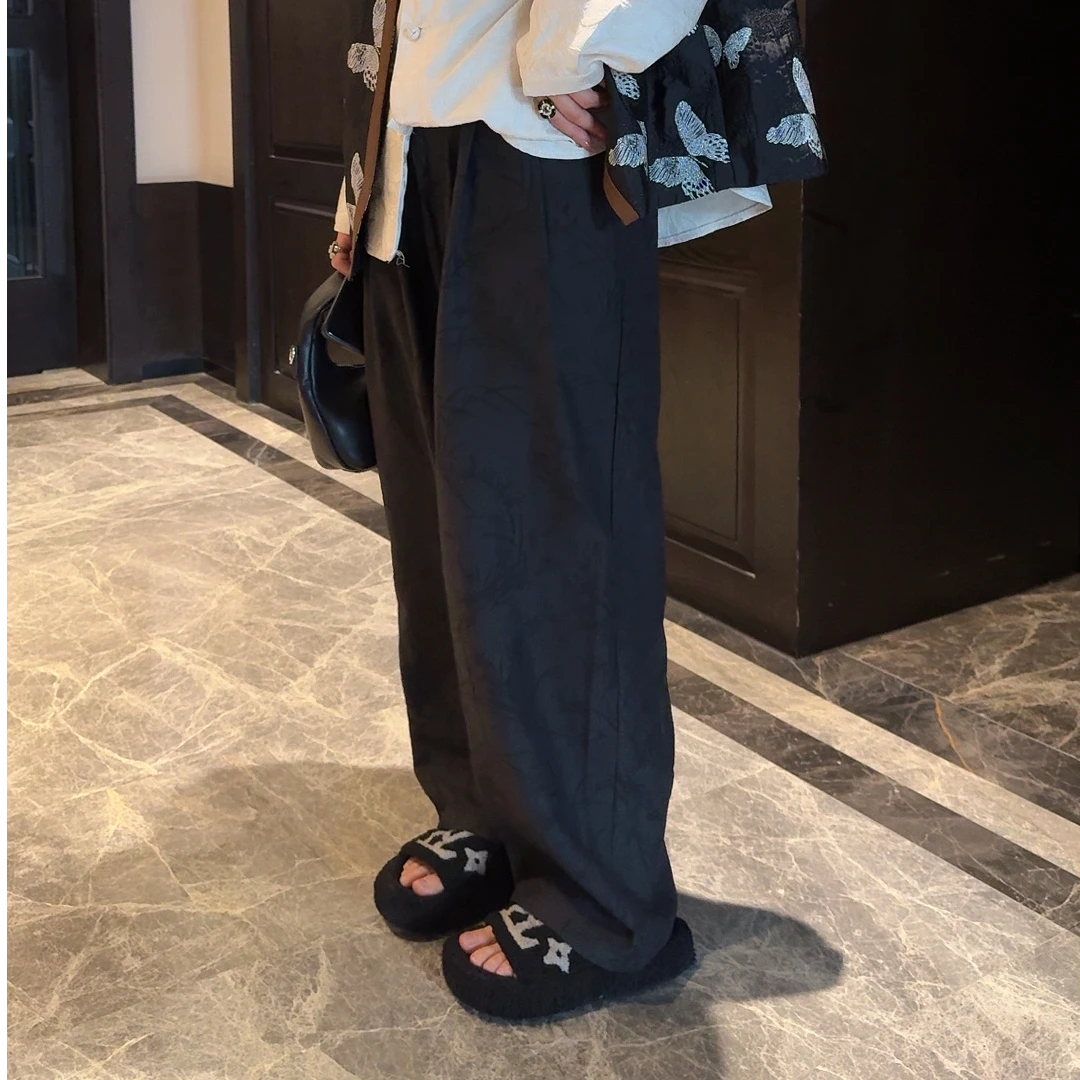 《青竹》原创新中式提花休闲裤宽松复古黑色百搭显瘦垂感