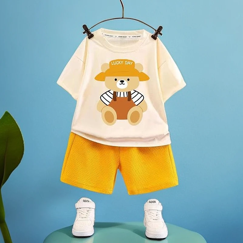 新款童装儿童夏季套装休闲宽松衣服男童短袖华夫格宝宝夏季夏装