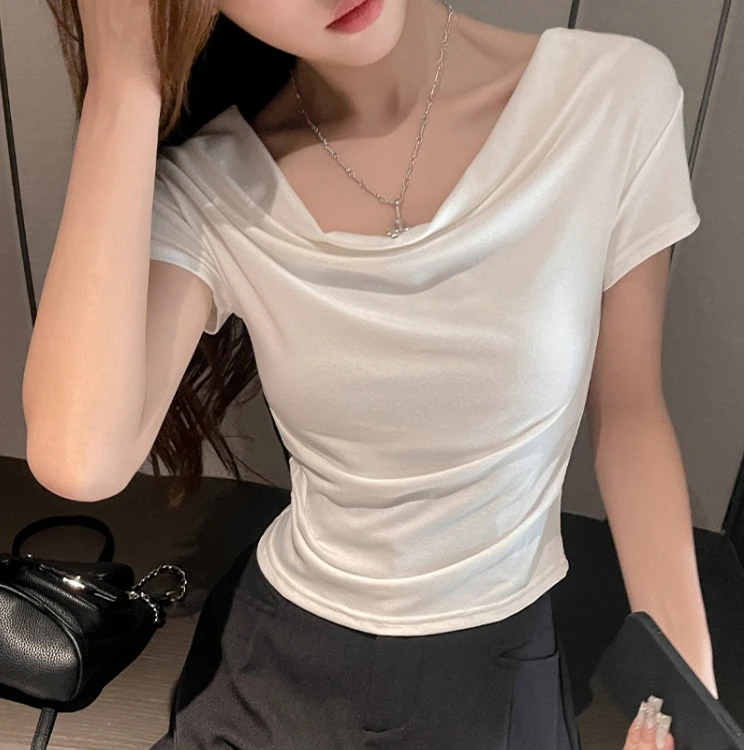 高级感纯欲气质荡领显瘦设计感短袖T恤女春夏新款堆领别致上衣