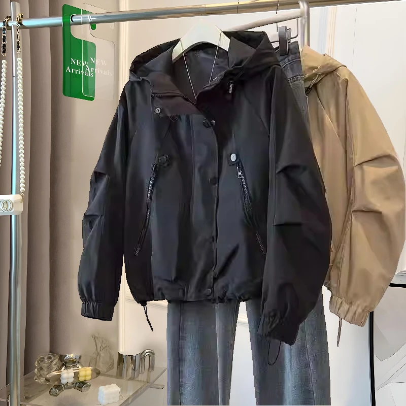 黑色连帽设计感双拉链外套女春秋新款韩版抽绳潮流风衣百搭冲锋衣