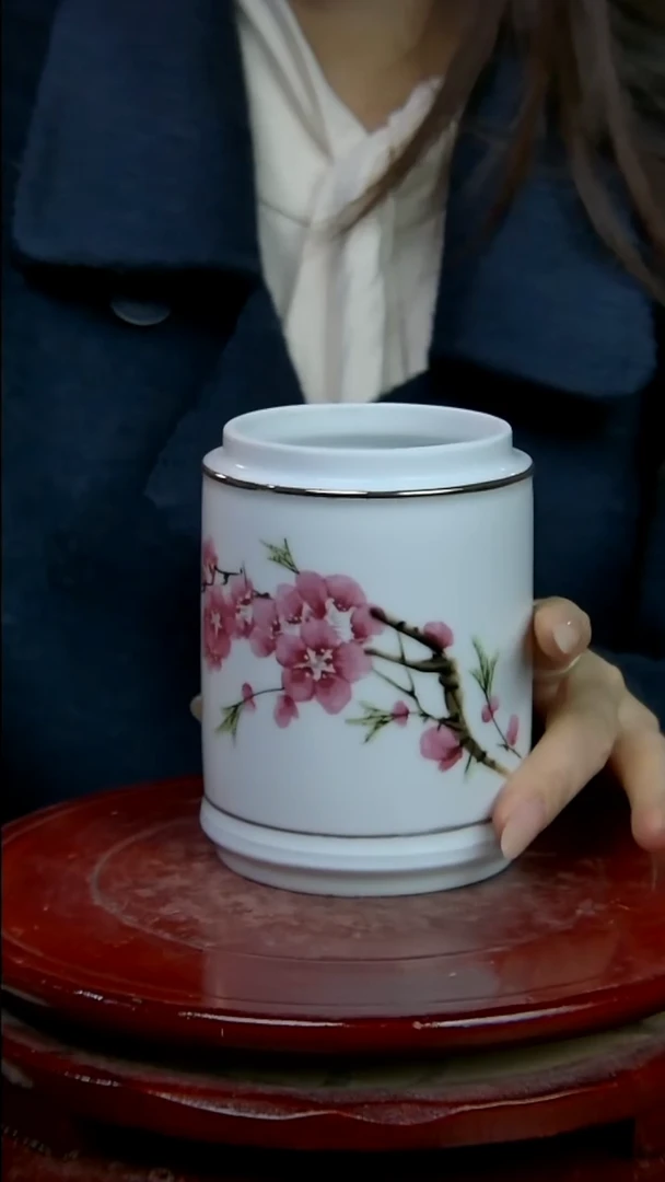 摆件陶水点桃花小茶叶罐