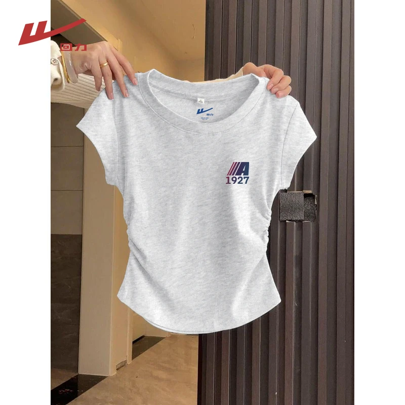 回力短袖女t恤夏季圆领半袖2025新款爆款抽褶修身设计感洋气衣服