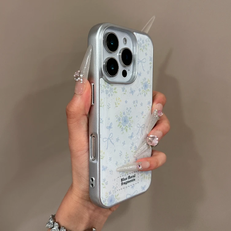 绿叶粉花适用苹果14手机壳iPhone15韩系16电镀12promax滴胶