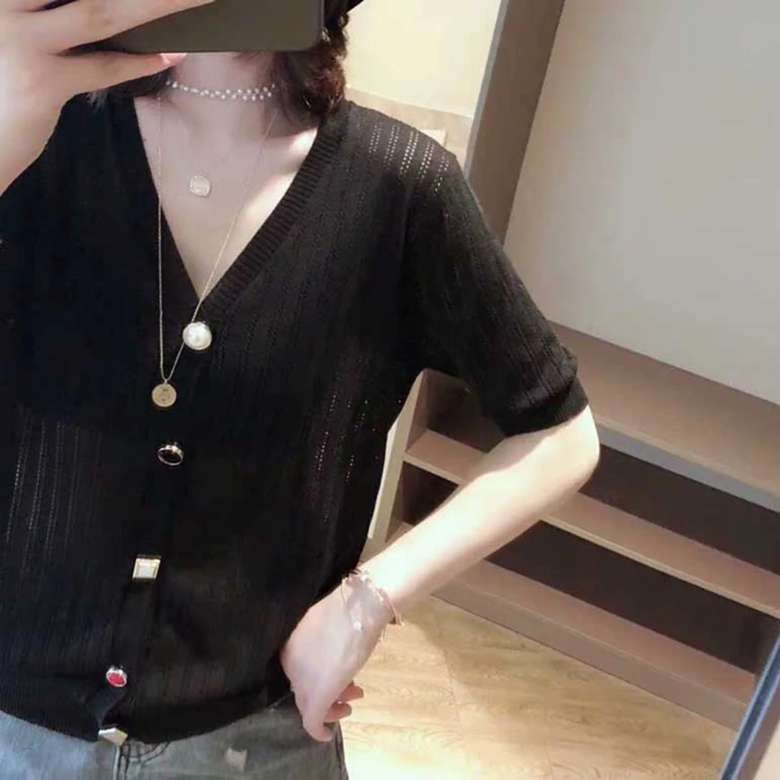 2025年新款夏季针织衫短袖女假开衫薄款宽松镂空v领显瘦纯色上衣