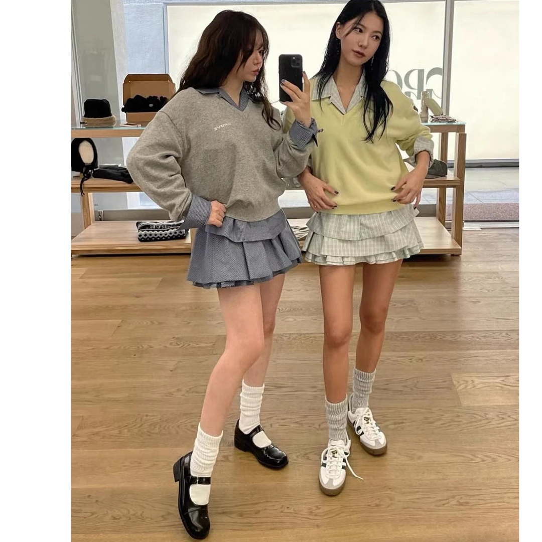 2025春夏新品 韩国东大门gro*ve俏皮减龄格子衬衫+多层次短裙套装