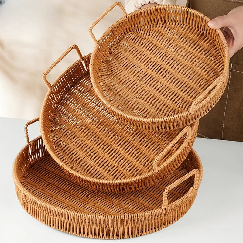 果篮托盘日式仿藤编织水果盘家用果篮客厅手工编织收纳筐子早餐盘