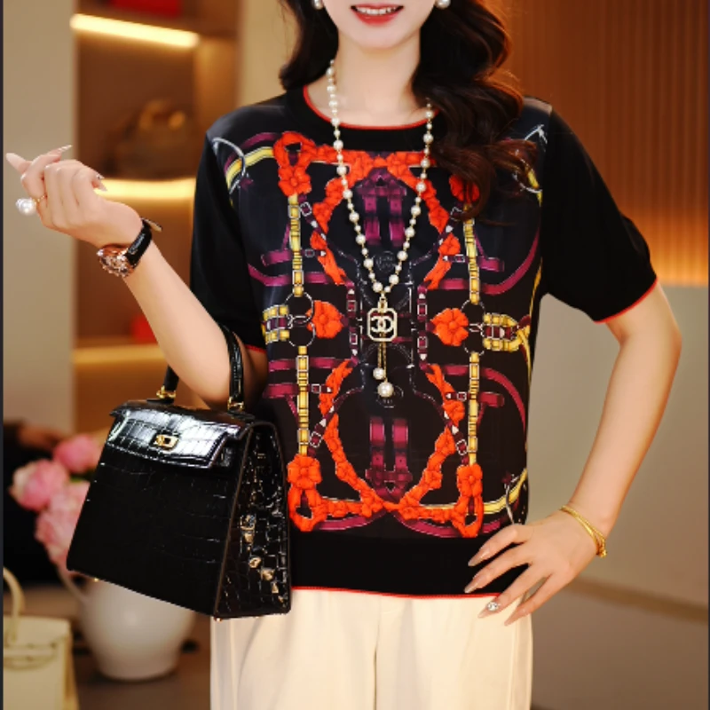 2025新品桑蚕丝字母印花休闲圆领时尚通勤女士打底短袖-.125号