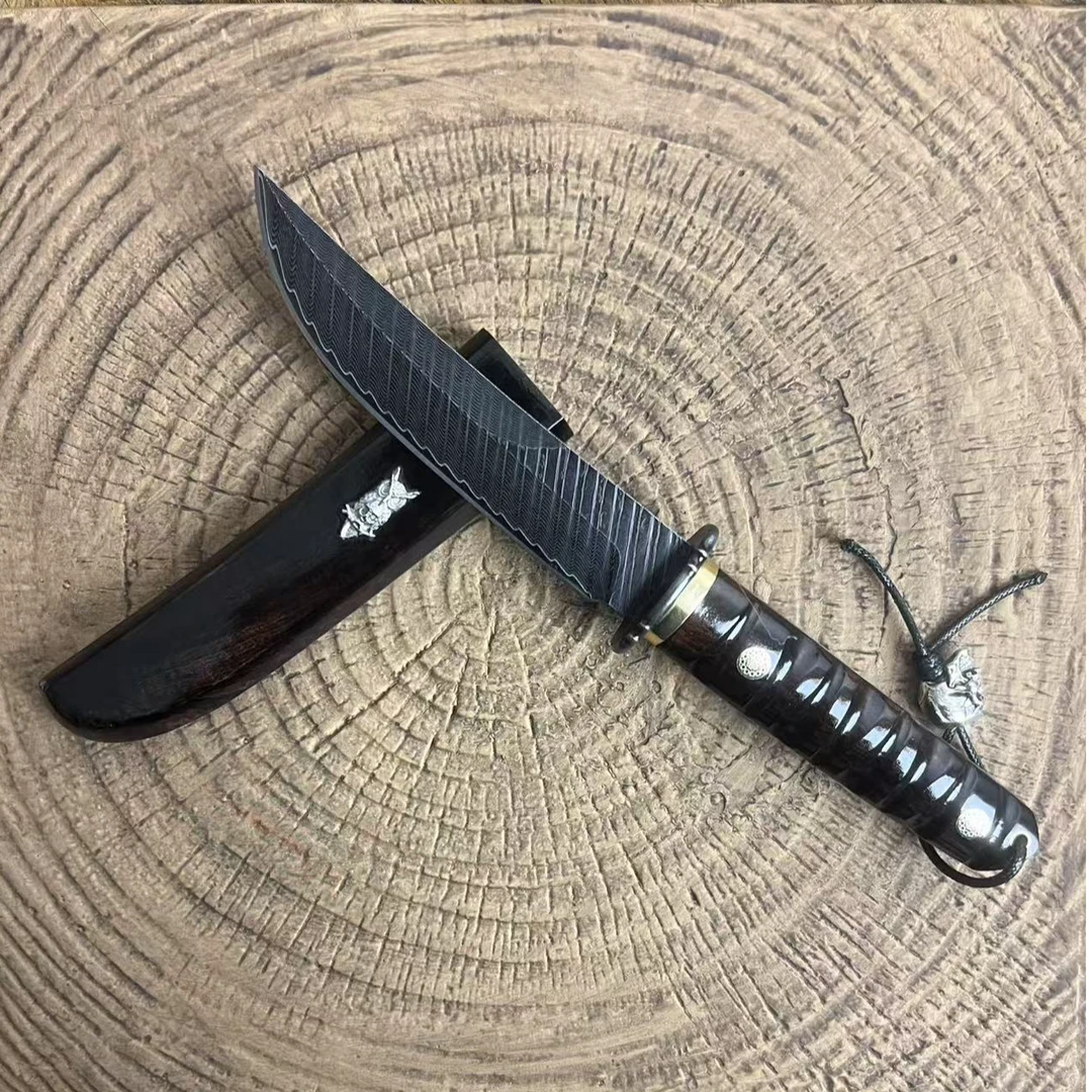 【毕业级】莫桑比克嫩叶紫光檀手工锻打天梯水波大马士革手工刀