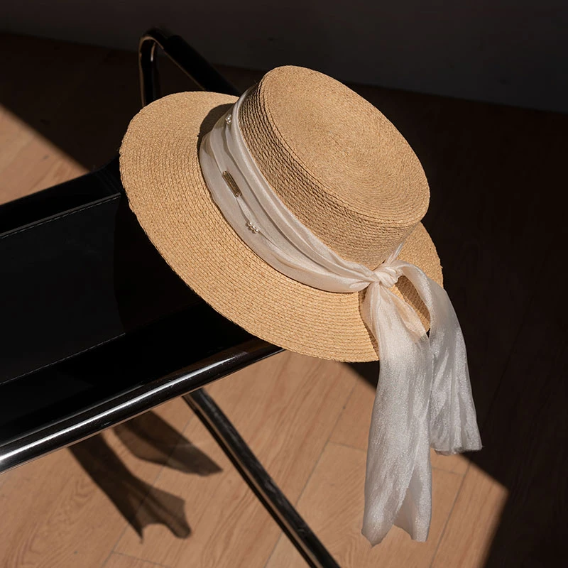 疯帽子法式优雅气质欧根纱飘带拉菲草平顶帽出游遮阳草帽海边草帽