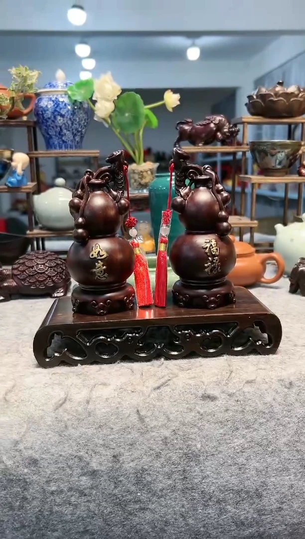 【闪购商品】风车木（黑檀木）葫芦一对+大书卷底座