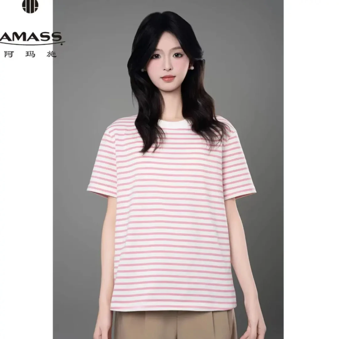 AMASS/阿玛施春夏甜美条纹圆领短袖T恤减龄百搭女士上衣5300902