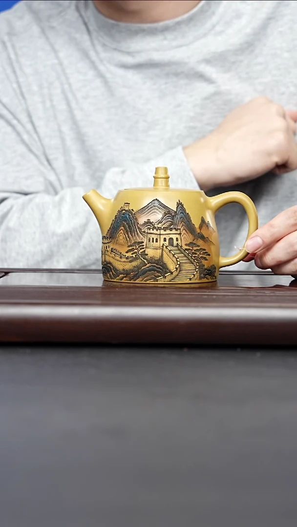 紫砂茶案宣兴紫砂 长城汉铎壶 黄金段泥 梅付春