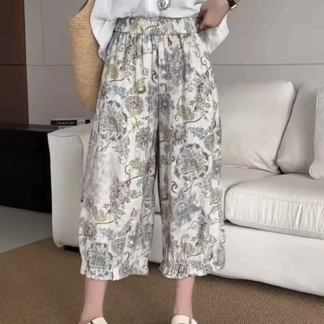 太阳花裤子女夏季薄款慵懒风棉麻直筒长裤复古国风水墨印花阔腿裤