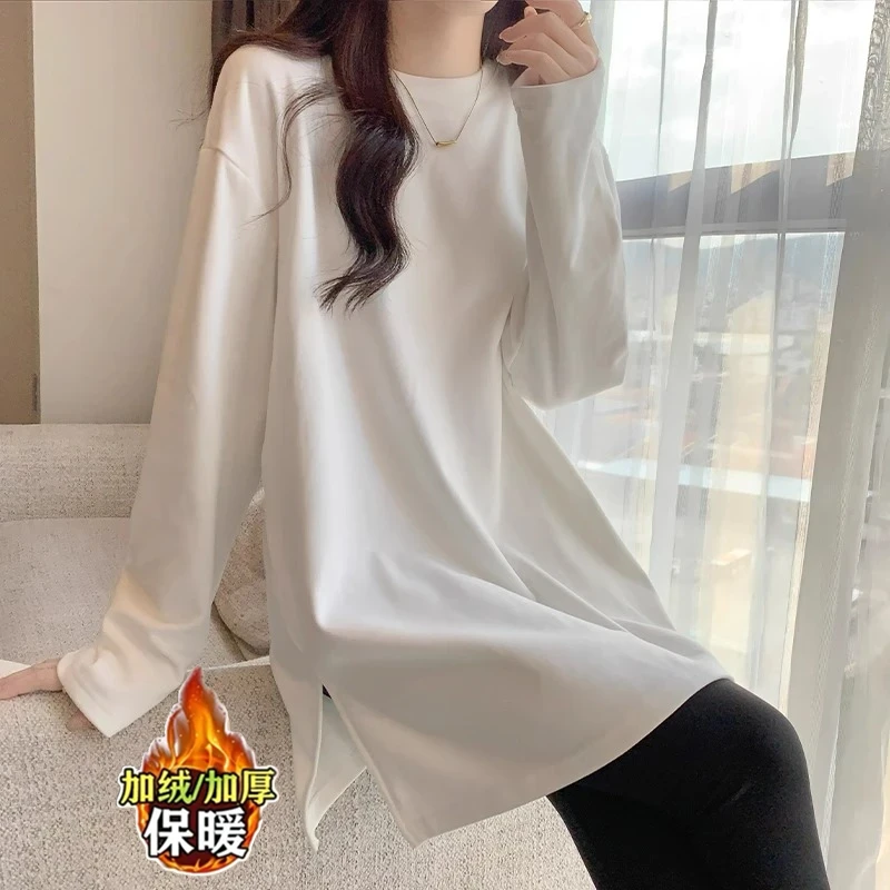 白色德绒宽松打底衫女内搭秋冬中长款配鲨鱼裤的长袖上衣加厚T恤