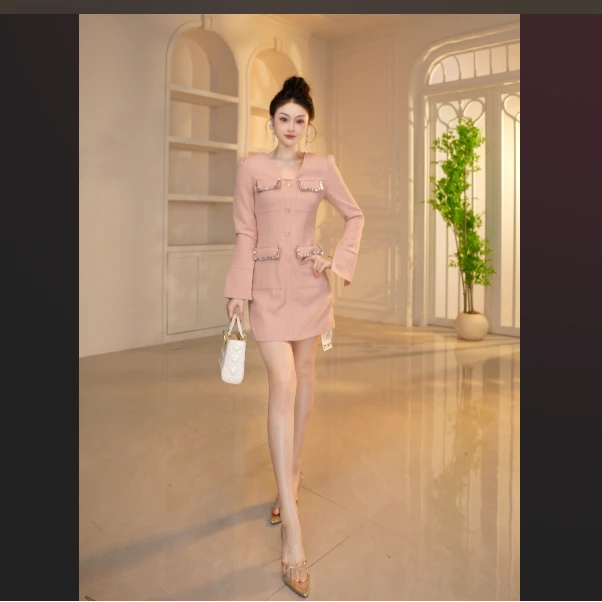 【显瘦定制】短袖圆领常规修身拉链连衣裙设计感小香风女神范9732