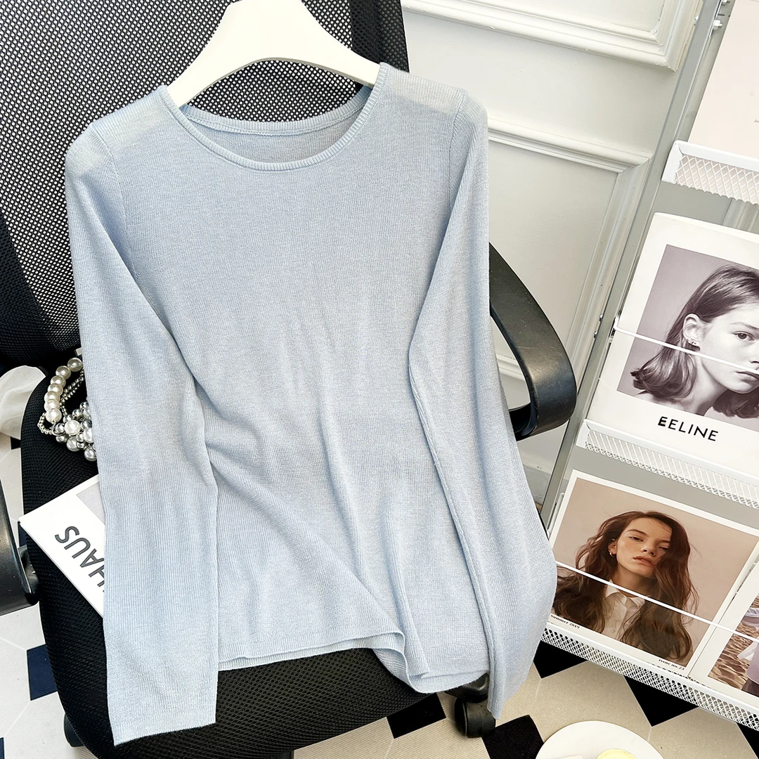 2025春秋简约薄款显瘦长袖百搭修身纯色圆领套头针织衫