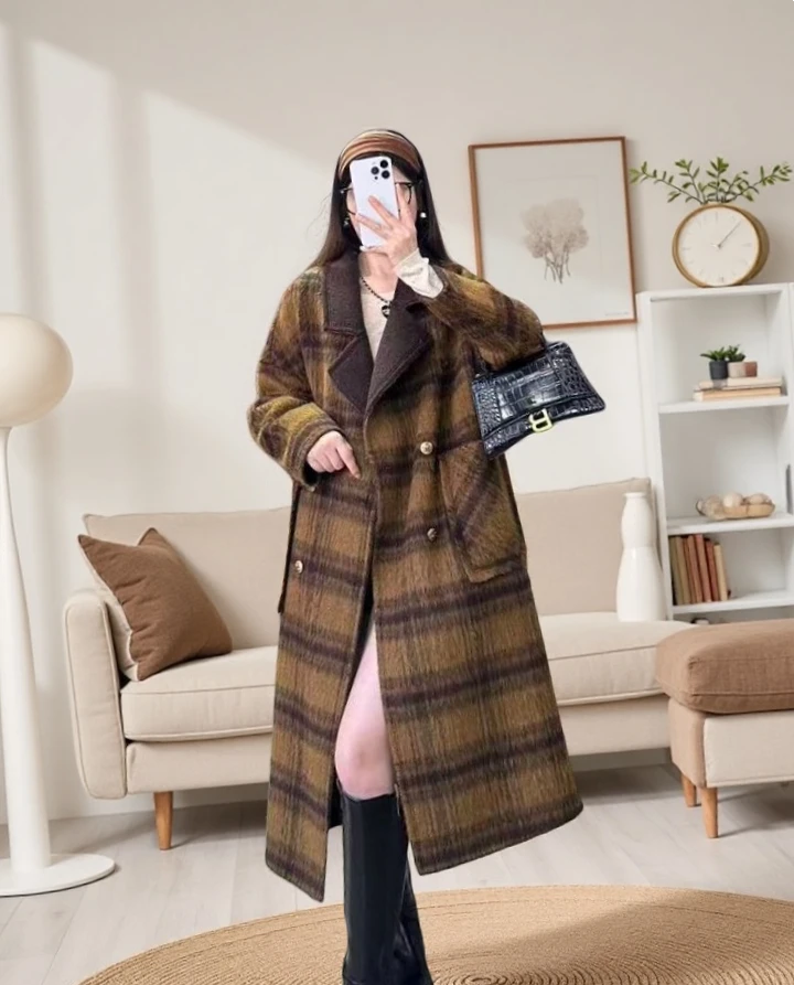 【双面双穿】秋冬高级感双面穿格子双排扣长款羊驼大衣外套毛呢2709