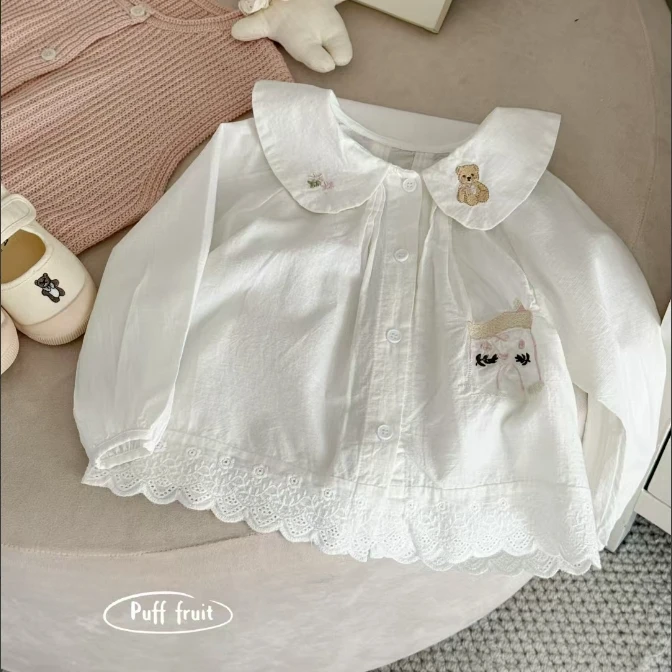 PUFF-9131-儿童春秋新款休闲花边纯色刺绣小熊衬衫