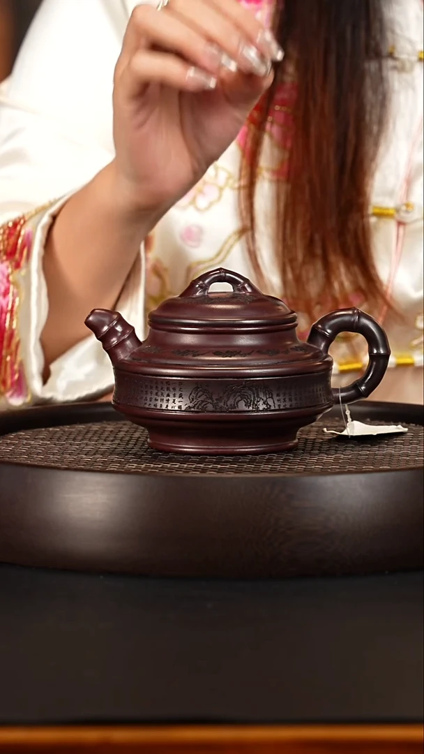 茶壶紫砂 宜兴紫砂壶铁血红砂柴烧双线竹鼓360cc