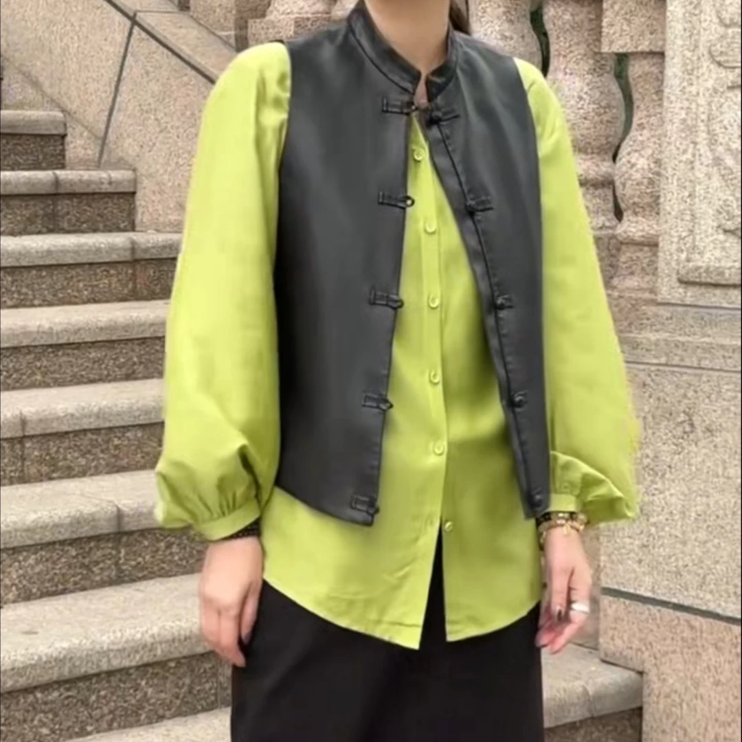 玛丝恩迪盘扣国风网红马甲绵羊皮45496短款立领ins上衣绿色时尚