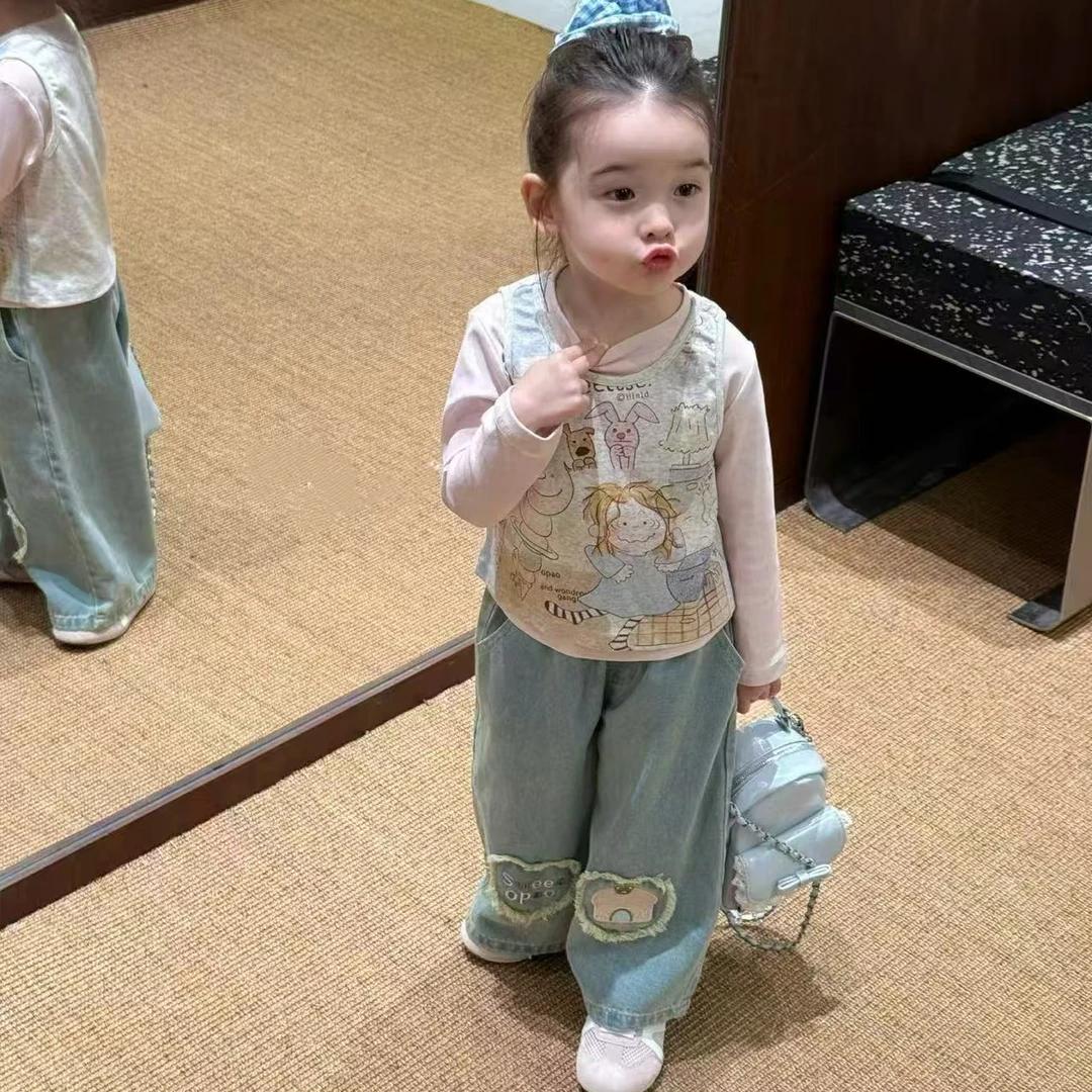 PUFF-6163-女童儿童秋季休闲百搭韩版满印马甲上衣两件套