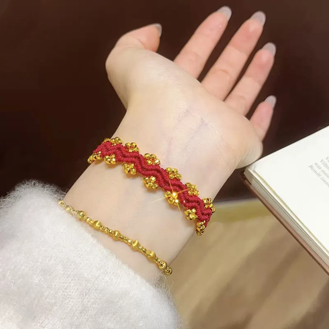 铜合金手链 新中式蹦迪珠蕾丝波浪红绳手链手工编织本命年手绳