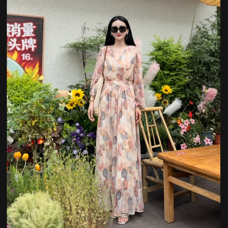 队队定制~【泡泡花】粉色乔其纱连衣裙夏季新款V领收腰显瘦气质长裙