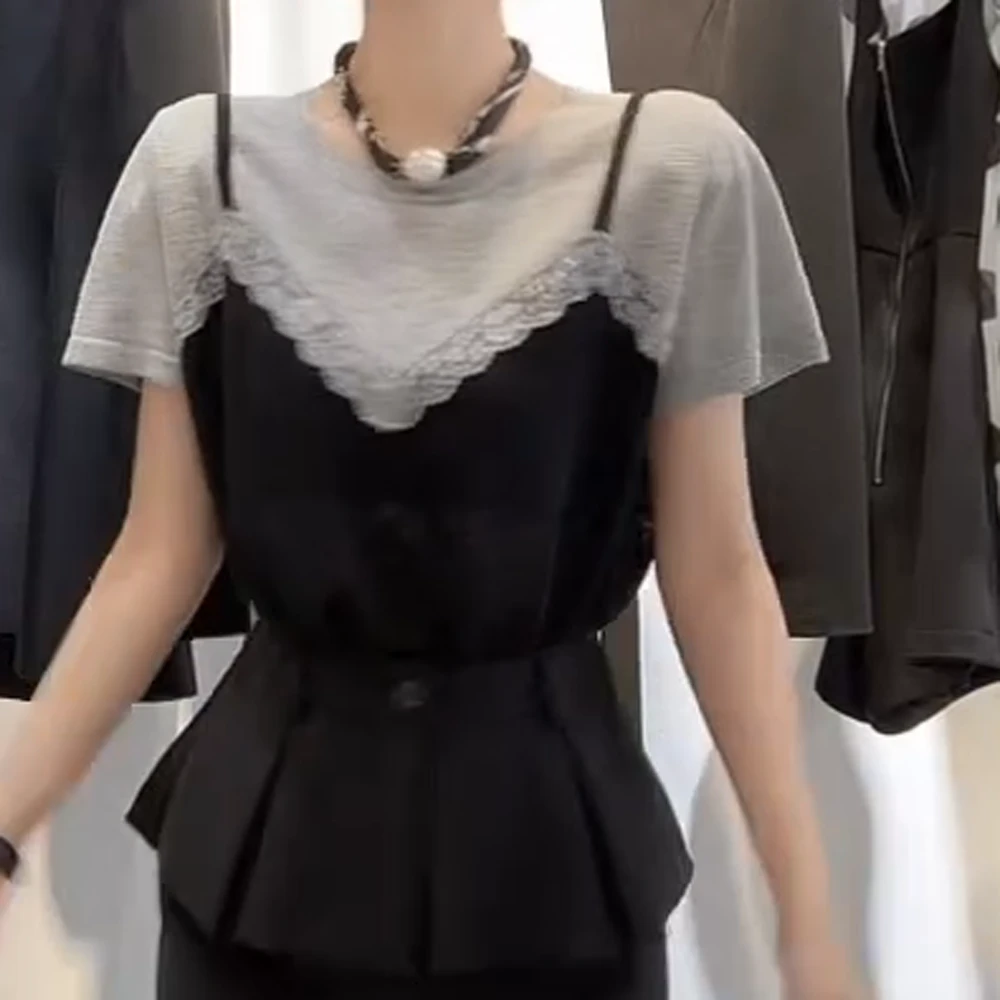 夏季设计感气质蕾丝假两件短袖上衣