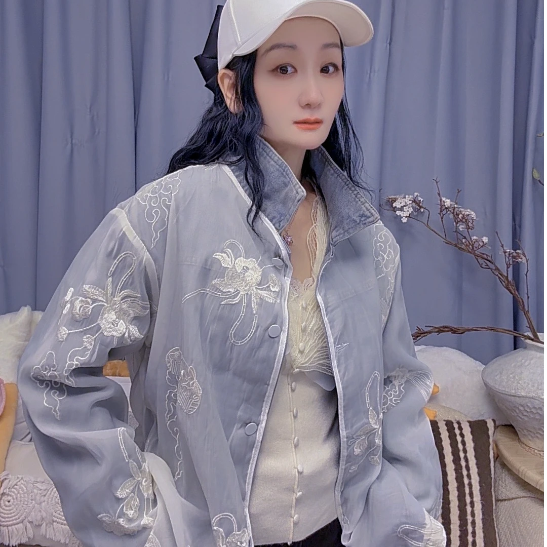 M51I024慕之淇新中式国风复古蕾丝拼接牛仔时尚百搭外套