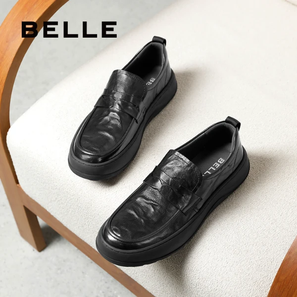 百丽厚底商务休闲皮鞋男士25新款真牛皮软底百搭一脚蹬爸爸鞋黑色