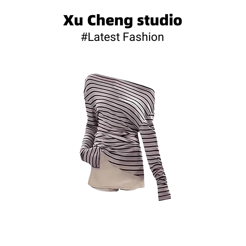网红洋气炸街女装斜肩条纹长袖宽松显瘦上衣气质时尚半身裙裤套装