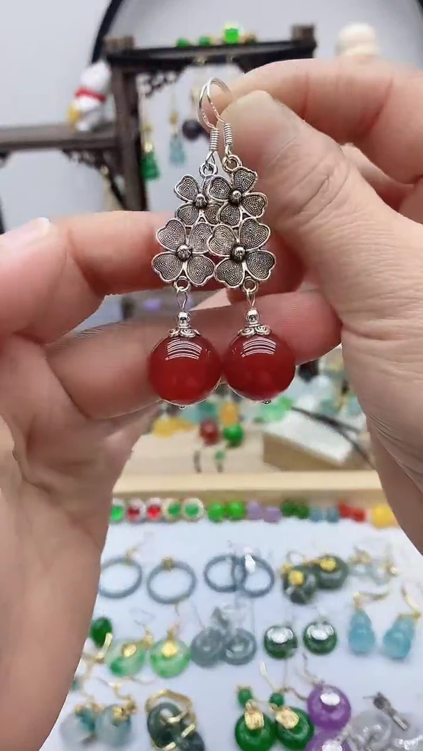 银S925镶嵌南红玛瑙耳饰6554