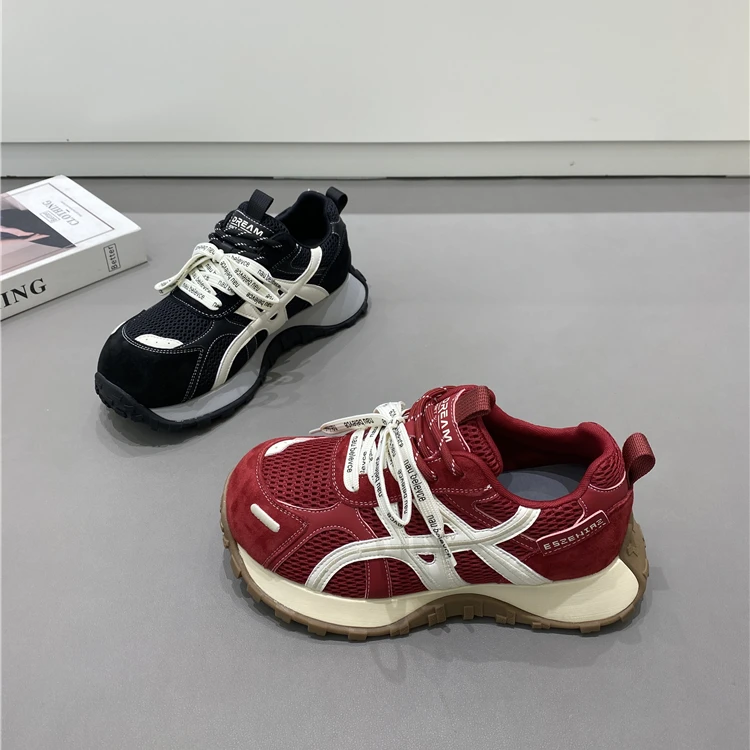 时尚厚底华夫阿甘鞋女2025秋季新款双鞋带网面拼色增高运动休闲鞋