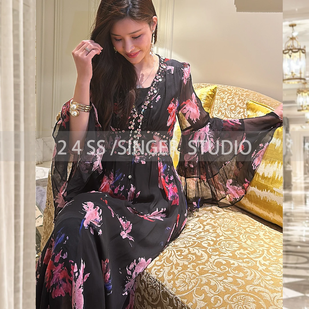 【木妍】法式设计师桑蚕丝气质宽松时尚修身长款女装连衣裙 241D021