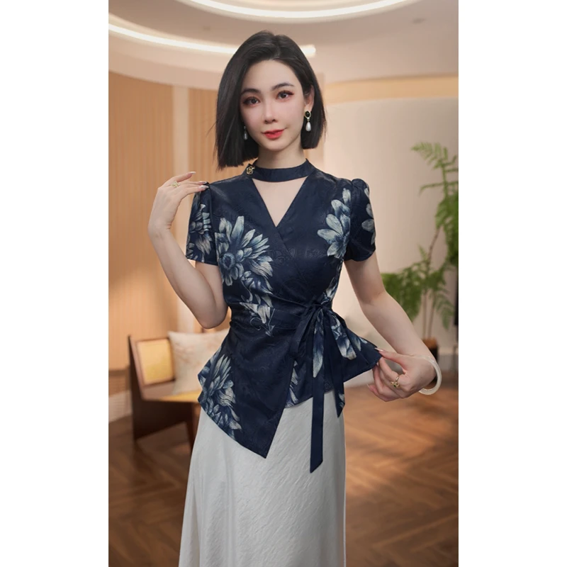 格娜夏季气质V领显瘦时尚复古衬衫新款典雅薄款短袖上档次女套装