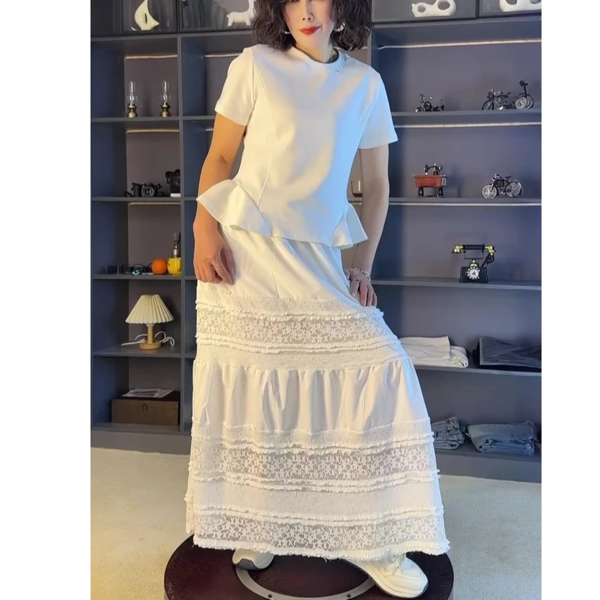 法式重工镂空花边蕾丝半身裙女春夏松紧腰显瘦白色大裙摆a字裙女