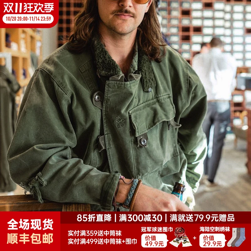 马登工装 美式vintage瑞典机车夹克阿美咔叽复古猎装军绿色外套男